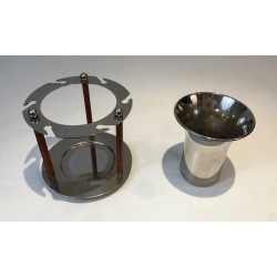 Seau à Champagne en Métal Argenté et Cuir avec Présentoir à Flûtes Intégré — France, Vers 1970