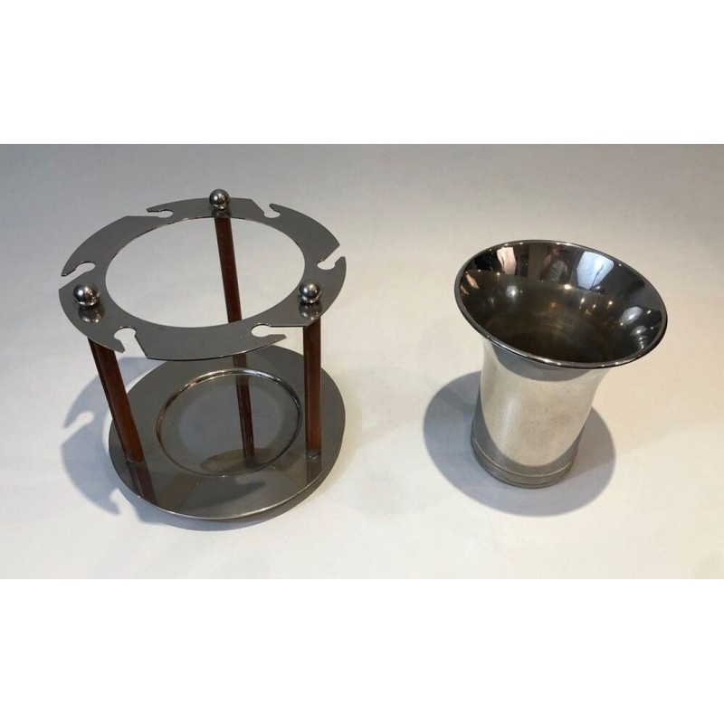 French Silver-Plated and Leather Champagne Bucket with Integrated Flute Holder — Circa 1970