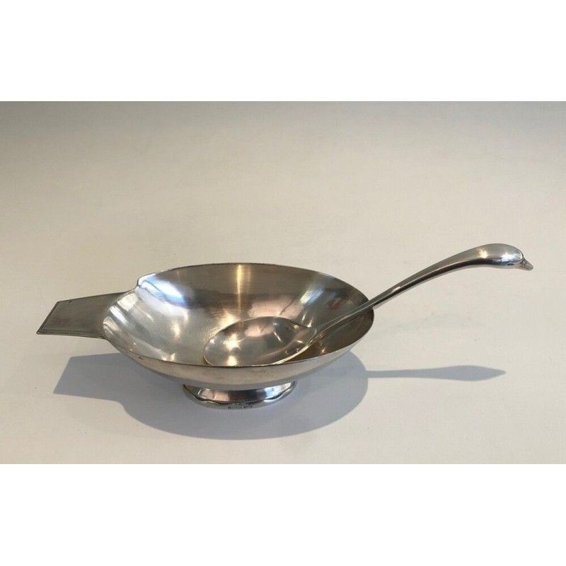 Christian Fjerdingstadt pour Gallia — Saucière Cygne en Métal Argenté avec Louche, Vers 1930