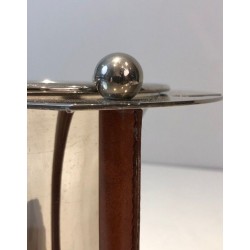 Seau à Champagne en Métal Argenté et Cuir avec Présentoir à Flûtes Intégré — France, Vers 1970