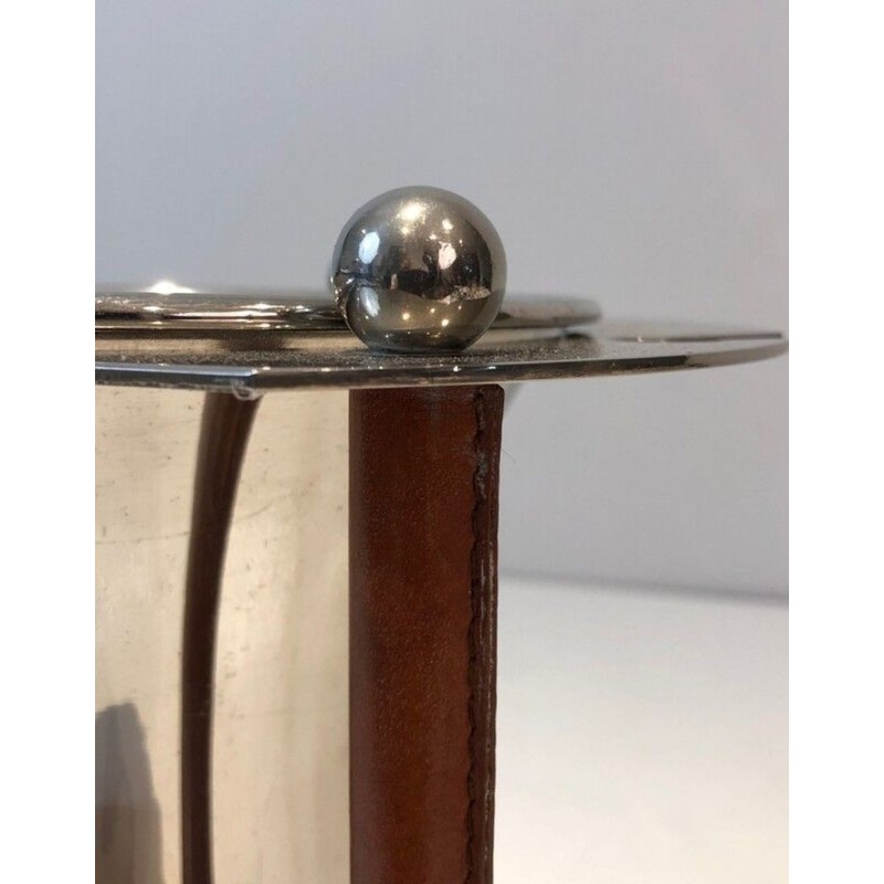 French Silver-Plated and Leather Champagne Bucket with Integrated Flute Holder — Circa 1970