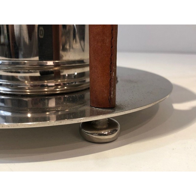 French Silver-Plated and Leather Champagne Bucket with Integrated Flute Holder — Circa 1970