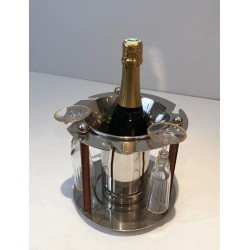 Seau à Champagne en Métal Argenté et Cuir avec Présentoir à Flûtes Intégré — France, Vers 1970