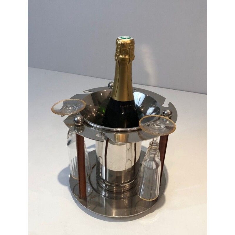Seau à Champagne en Métal Argenté et Cuir avec Présentoir à Flûtes Intégré — France, Vers 1970