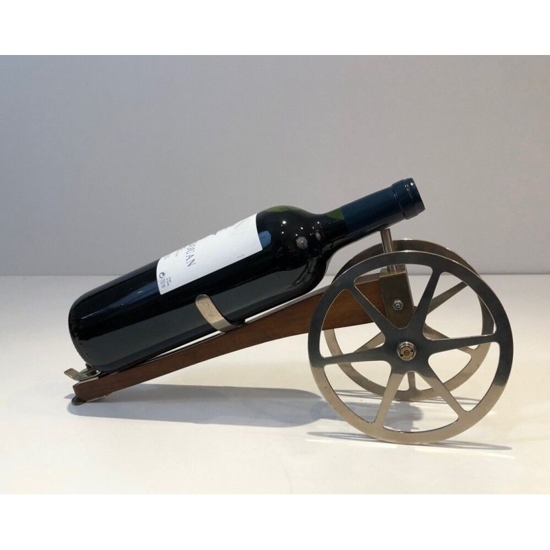 Novelty Cannon Wine Bottle Holder in Wood, Brass and Chrome — H. Hauger, Paris, Circa 1930