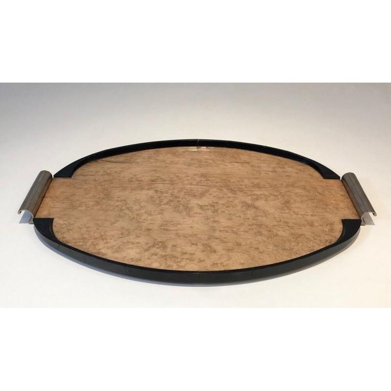 French Art Déco Oval Tray in Sycamore, Ebonised Wood and Chrome — Circa 1930