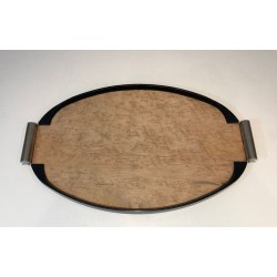French Art Déco Oval Tray in Sycamore, Ebonised Wood and Chrome — Circa 1930
