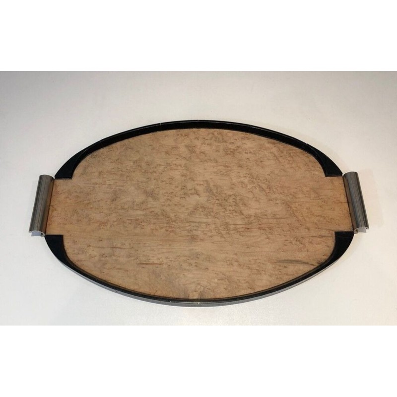 French Art Déco Oval Tray in Sycamore, Ebonised Wood and Chrome — Circa 1930