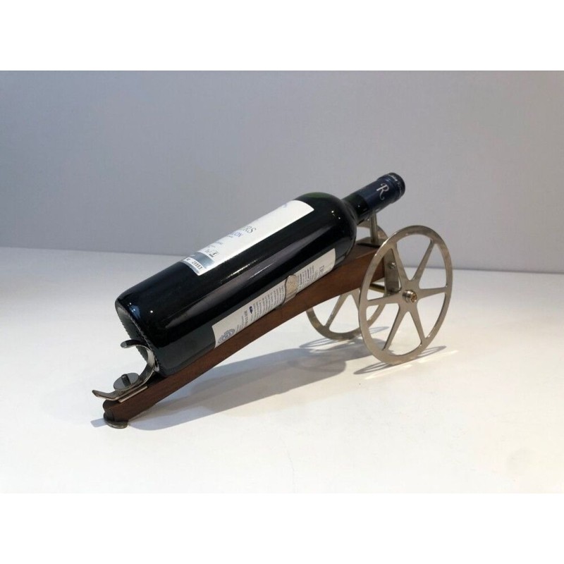 Novelty Cannon Wine Bottle Holder in Wood, Brass and Chrome — H. Hauger, Paris, Circa 1930