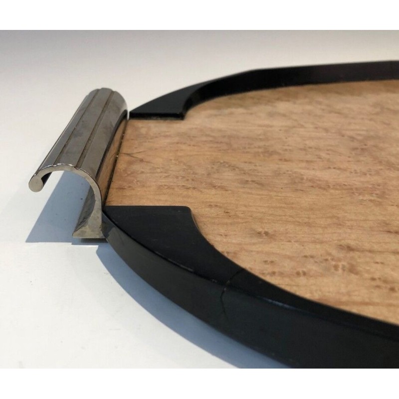French Art Déco Oval Tray in Sycamore, Ebonised Wood and Chrome — Circa 1930