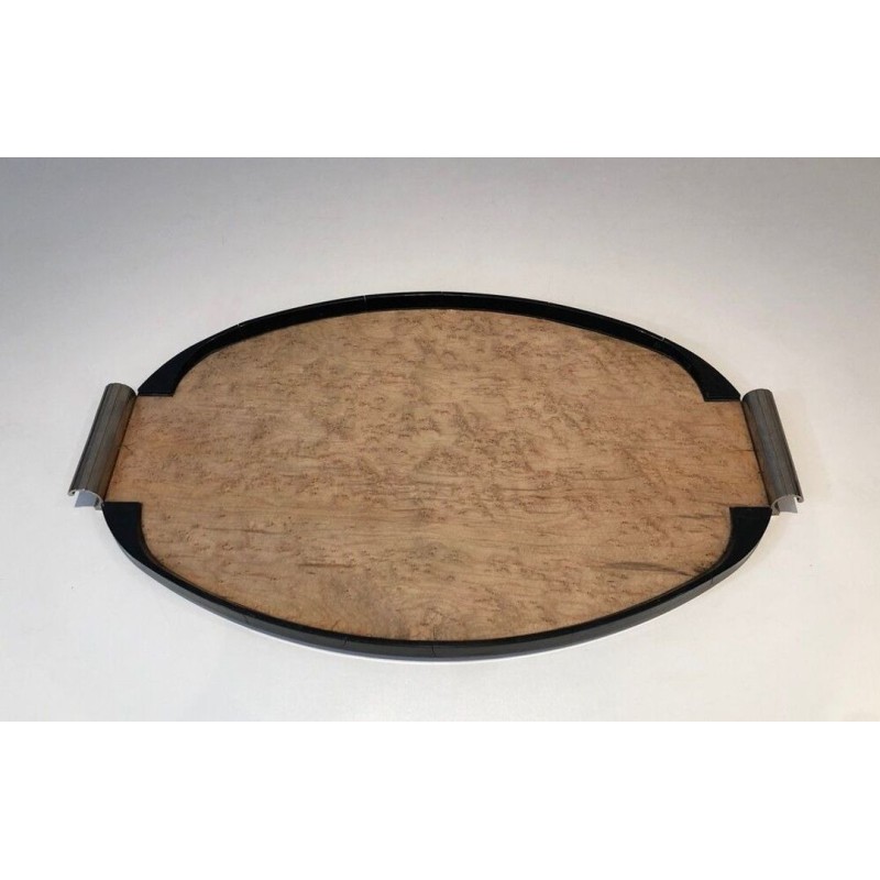 French Art Déco Oval Tray in Sycamore, Ebonised Wood and Chrome — Circa 1930