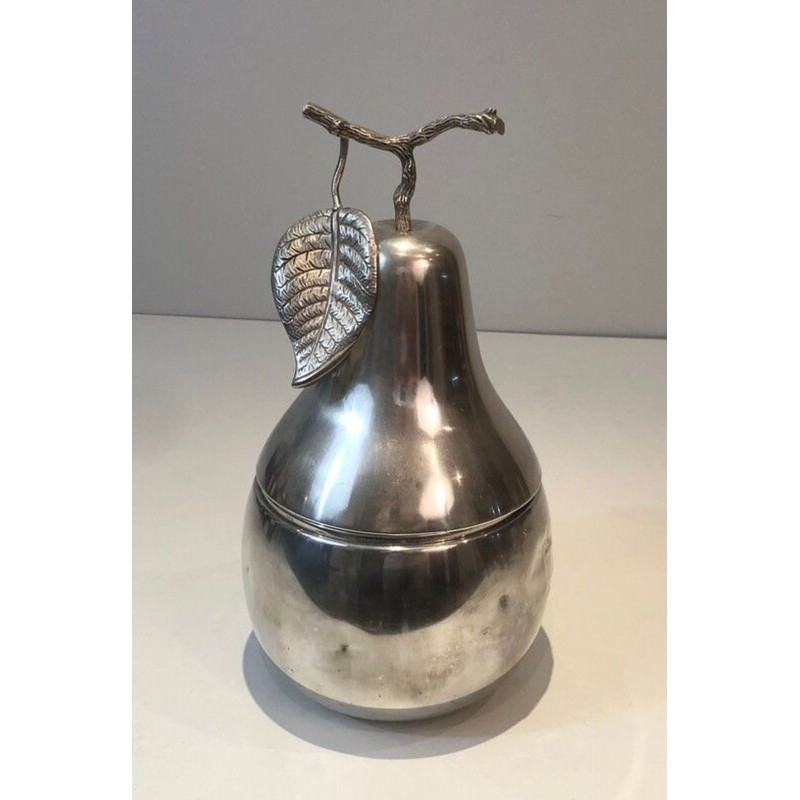 Seau à Glaçons en Forme de Poire en Métal Argenté à Poignée Feuillage — Teghini, Florence, Vers 1970