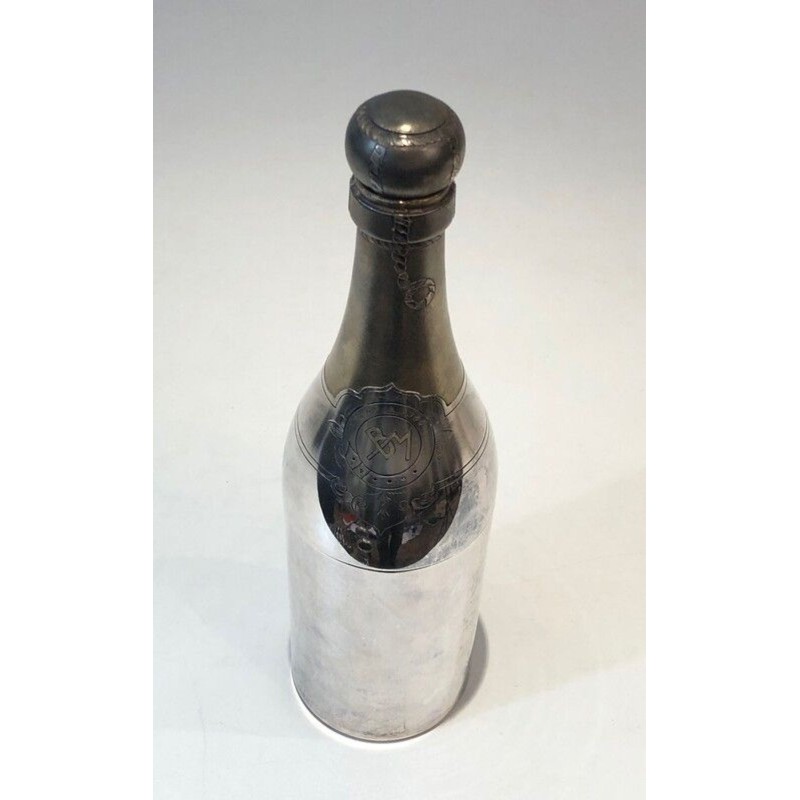 Silver-Plated and Brass Champagne Bottle-Form Cocktail Shaker — French Art Déco, Circa 1930