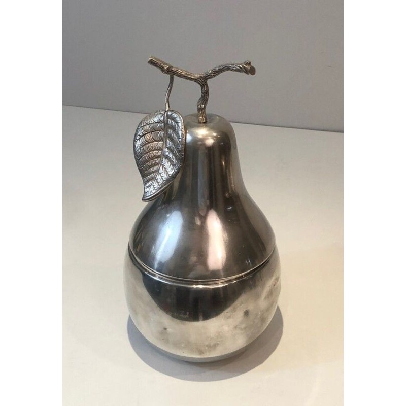 Seau à Glaçons en Forme de Poire en Métal Argenté à Poignée Feuillage — Teghini, Florence, Vers 1970