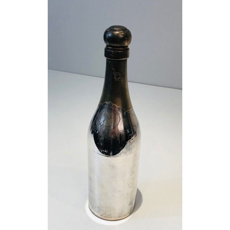 Silver-Plated and Brass Champagne Bottle-Form Cocktail Shaker — French Art Déco, Circa 1930