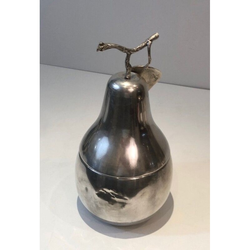 Seau à Glaçons en Forme de Poire en Métal Argenté à Poignée Feuillage — Teghini, Florence, Vers 1970