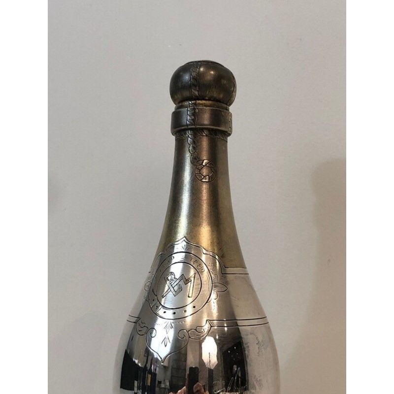 Shaker Cocktail en Métal Argenté et Laiton en Forme de Bouteille de Champagne — Art Déco Français, Vers 1930