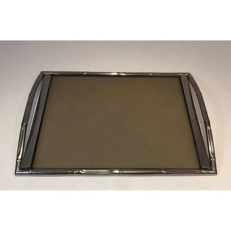 Faux-Bamboo Chrome and Smoked Glass Tray — In the Style of Jacques Adnet, French Work, Circa 1970