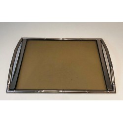 Faux-Bamboo Chrome and Smoked Glass Tray — In the Style of Jacques Adnet, French Work, Circa 1970