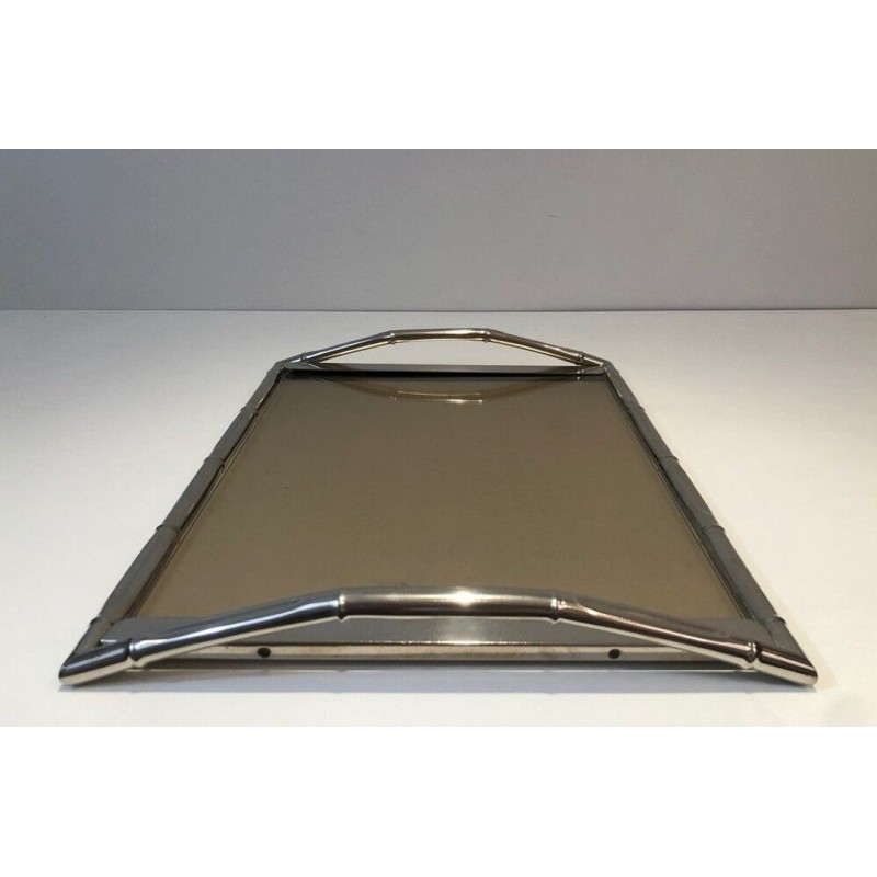 Faux-Bamboo Chrome and Smoked Glass Tray — In the Style of Jacques Adnet, French Work, Circa 1970