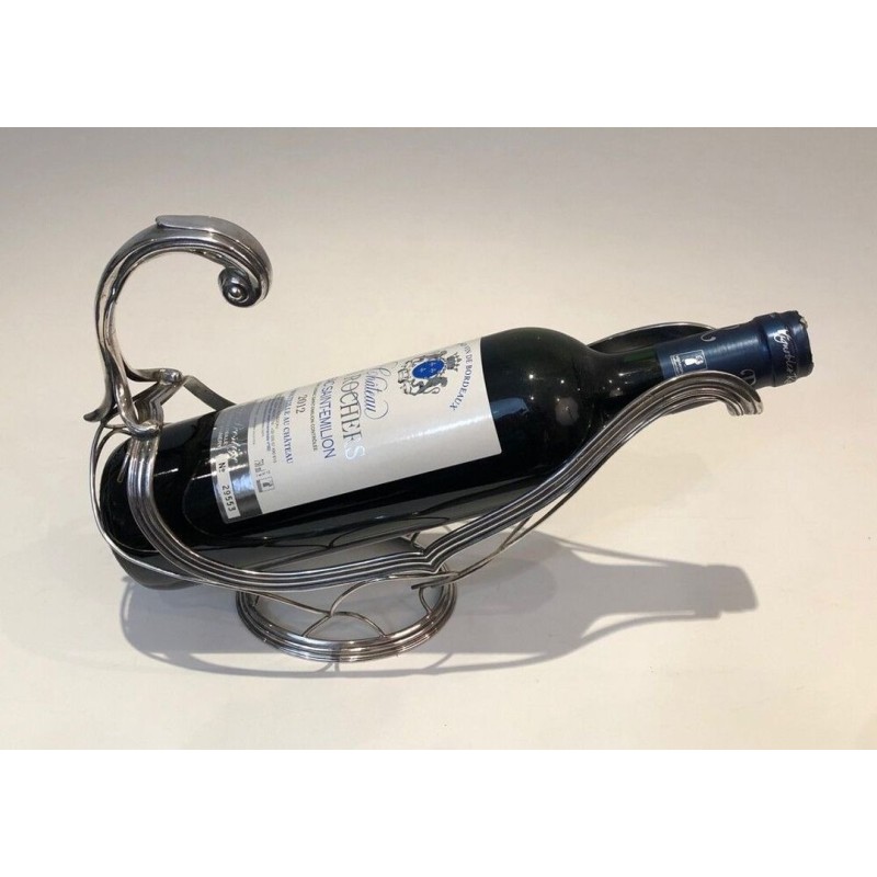 Silver-Plated Gondola-Form Wine Bottle Cradle — French Silversmith Work, Circa 1930