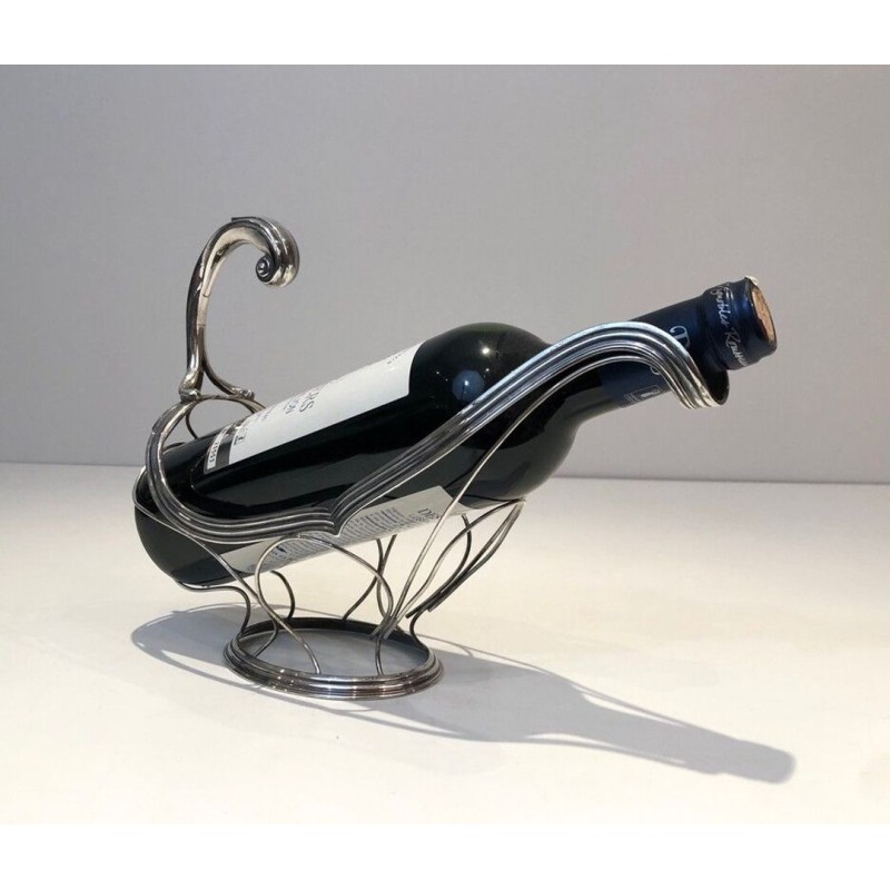 Silver-Plated Gondola-Form Wine Bottle Cradle — French Silversmith Work, Circa 1930