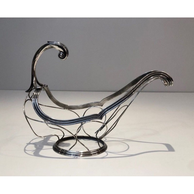 Silver-Plated Gondola-Form Wine Bottle Cradle — French Silversmith Work, Circa 1930