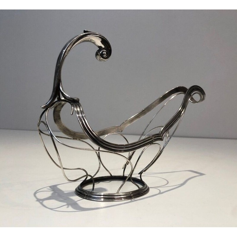 Silver-Plated Gondola-Form Wine Bottle Cradle — French Silversmith Work, Circa 1930