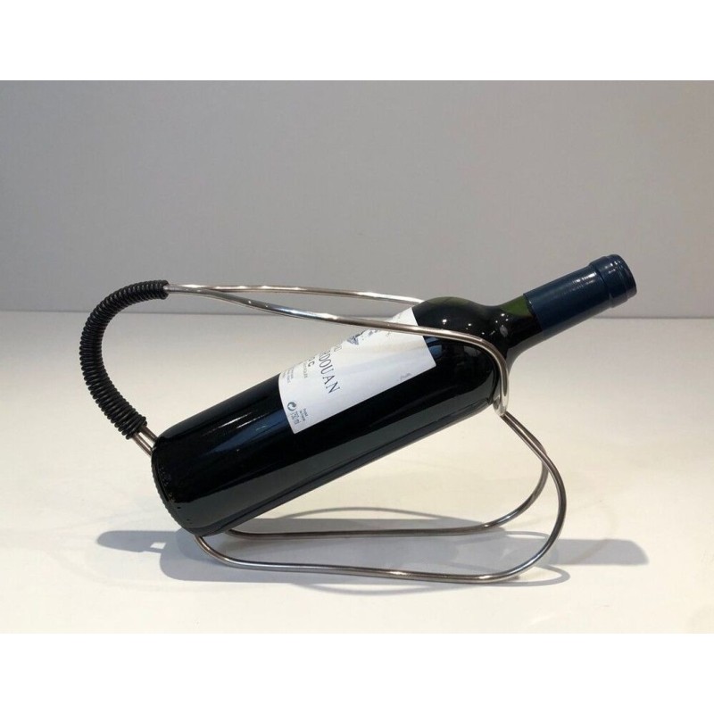 Silver-Plated Wire and Black Plastic Single-Bottle Wine Cradle — French Work, Circa 1970