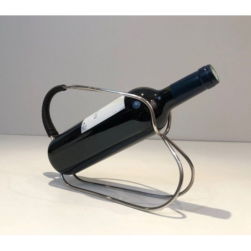Silver-Plated Wire and Black Plastic Single-Bottle Wine Cradle — French Work, Circa 1970