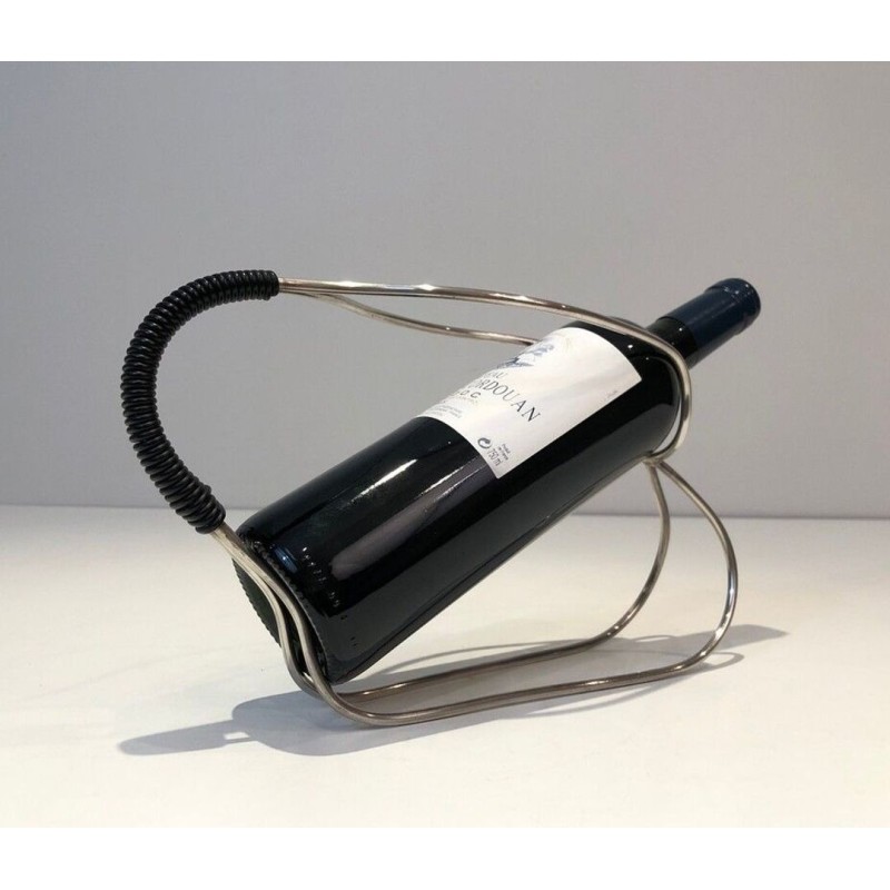 Silver-Plated Wire and Black Plastic Single-Bottle Wine Cradle — French Work, Circa 1970