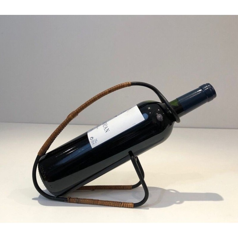 Black Lacquered Metal and Rattan Single-Bottle Wine Cradle — Scandinavian Work, Circa 1950