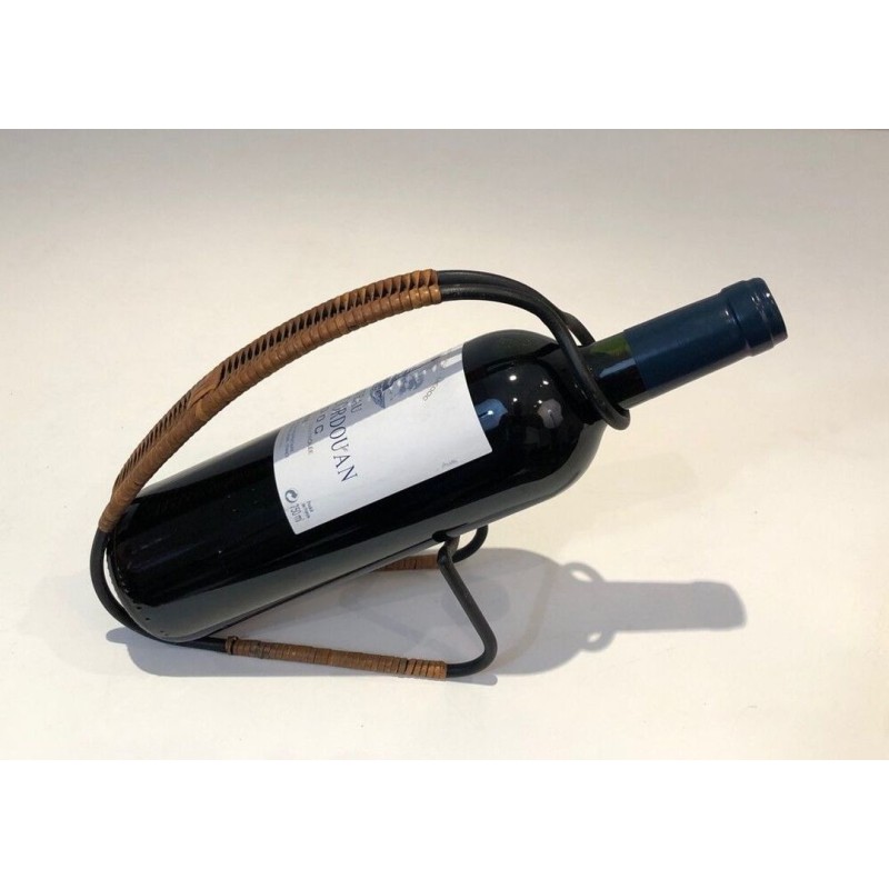 Black Lacquered Metal and Rattan Single-Bottle Wine Cradle — Scandinavian Work, Circa 1950