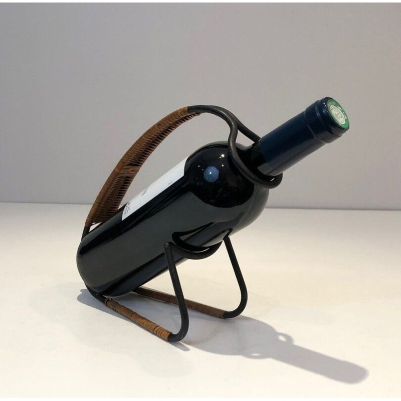 Black Lacquered Metal and Rattan Single-Bottle Wine Cradle — Scandinavian Work, Circa 1950