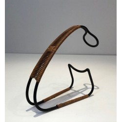 Black Lacquered Metal and Rattan Single-Bottle Wine Cradle — Scandinavian Work, Circa 1950
