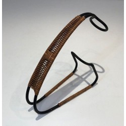 Black Lacquered Metal and Rattan Single-Bottle Wine Cradle — Scandinavian Work, Circa 1950