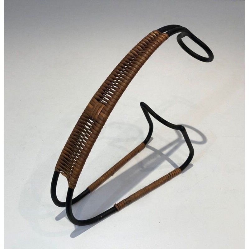Black Lacquered Metal and Rattan Single-Bottle Wine Cradle — Scandinavian Work, Circa 1950