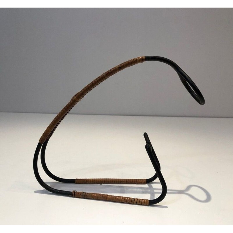 Black Lacquered Metal and Rattan Single-Bottle Wine Cradle — Scandinavian Work, Circa 1950