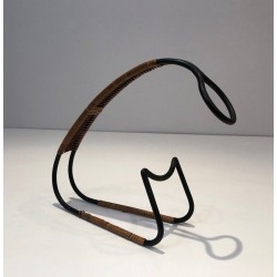 Black Lacquered Metal and Rattan Single-Bottle Wine Cradle — Scandinavian Work, Circa 1950