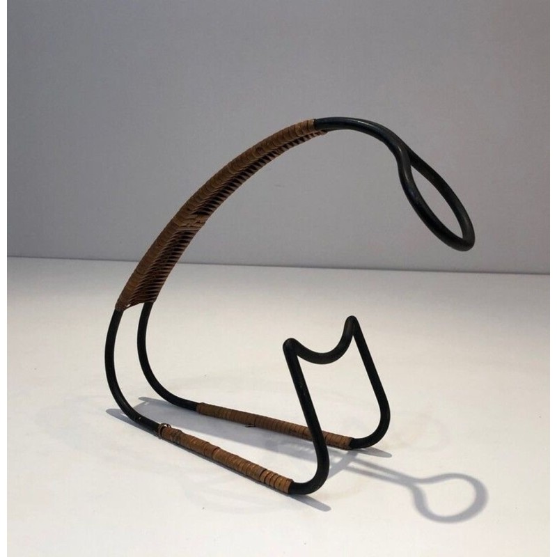 Black Lacquered Metal and Rattan Single-Bottle Wine Cradle — Scandinavian Work, Circa 1950