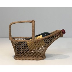 Woven Rattan Wine Bottle Serving Basket — French Work, Circa 1970