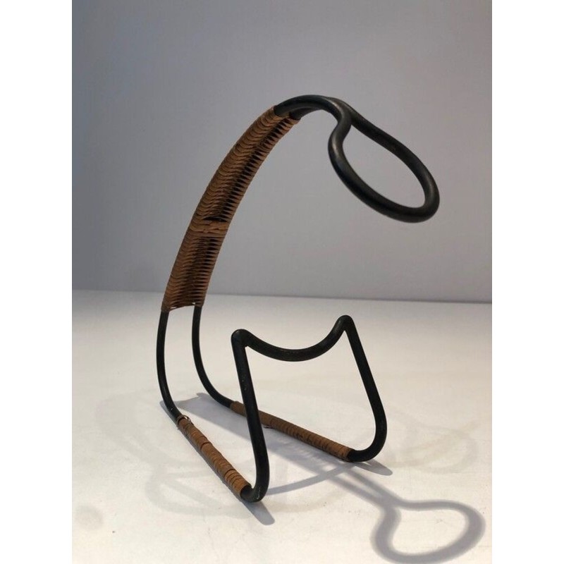 Black Lacquered Metal and Rattan Single-Bottle Wine Cradle — Scandinavian Work, Circa 1950
