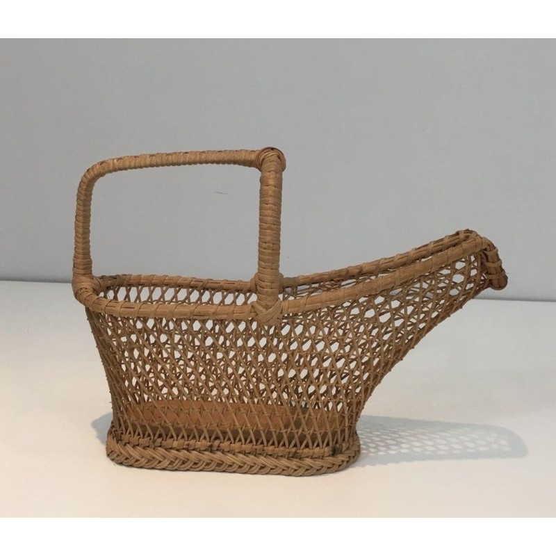 Woven Rattan Wine Bottle Serving Basket — French Work, Circa 1970