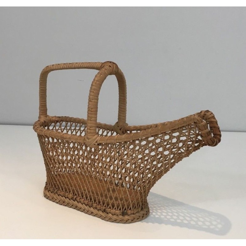 Woven Rattan Wine Bottle Serving Basket — French Work, Circa 1970