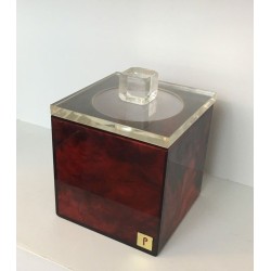 Square Ice Bucket in Tortoiseshell-Effect Red Lucite — Signed, French Work, Circa 1970