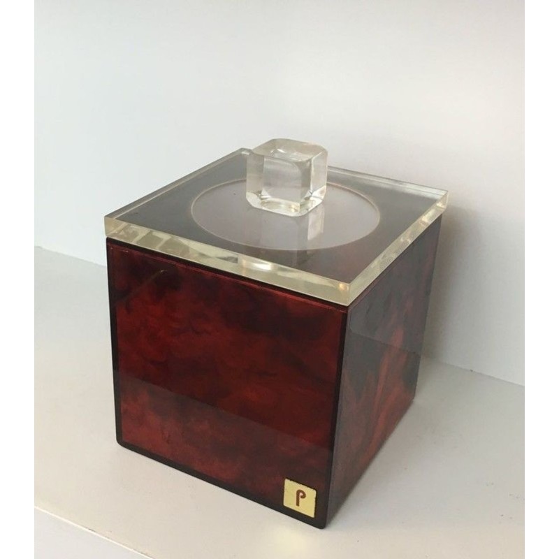 Square Ice Bucket in Tortoiseshell-Effect Red Lucite — Signed, French Work, Circa 1970