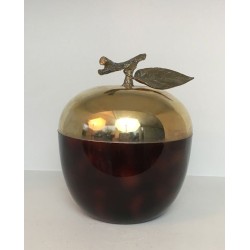 Apple-Shaped Ice Bucket in Red Lucite and Gilt Brass — French Work, Circa 1970