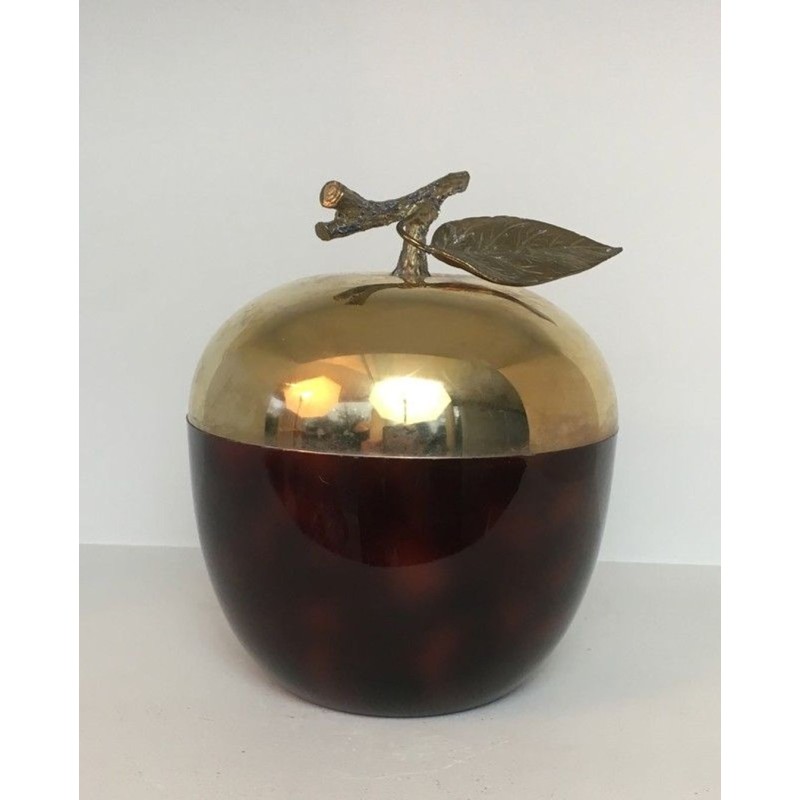 Apple-Shaped Ice Bucket in Red Lucite and Gilt Brass — French Work, Circa 1970