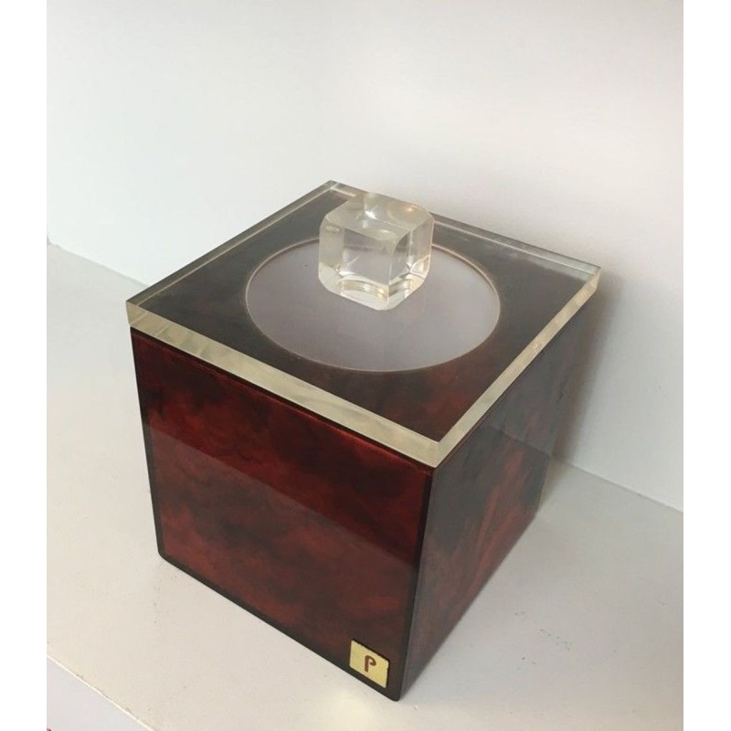 Square Ice Bucket in Tortoiseshell-Effect Red Lucite — Signed, French Work, Circa 1970