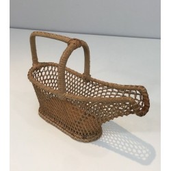 Woven Rattan Wine Bottle Serving Basket — French Work, Circa 1970